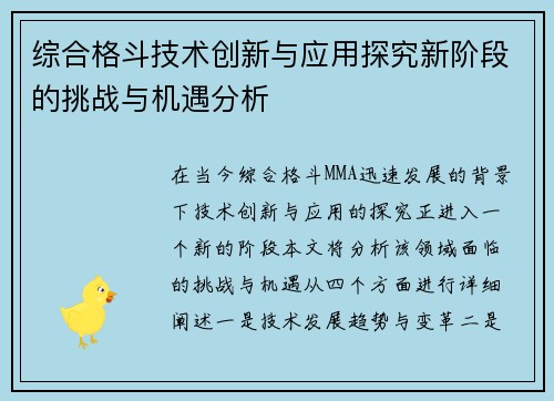 综合格斗技术创新与应用探究新阶段的挑战与机遇分析
