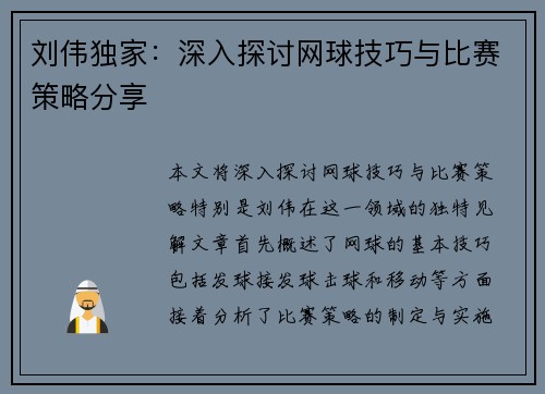 刘伟独家：深入探讨网球技巧与比赛策略分享